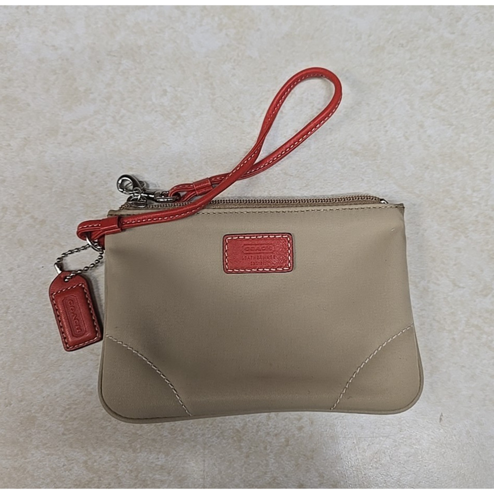 Coach Leatherware Beige Orange Canvas Womans Coin Purse Wristlet 4.5"x6.5"